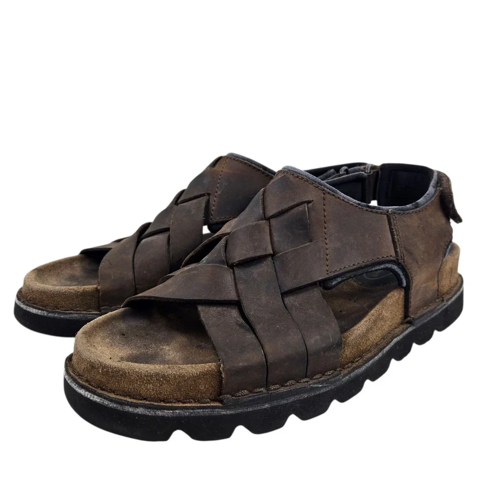 Rockport Mens 10 Crossband Brown Leather Sandals Fisherman MZ632 Open Toe Adjust